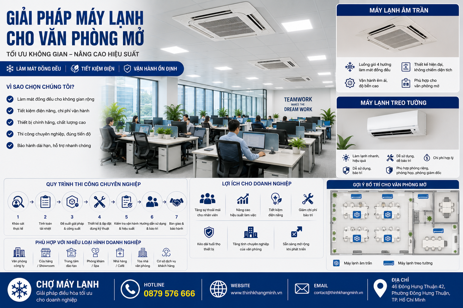 Giải pháp thi công máy lạnh treo tường và máy lạnh âm trần cho văn phòng mở (Open Office). Làm mát đồng đều, tiết kiệm điện, thi công chuyên nghiệp và bảo hành uy tín.